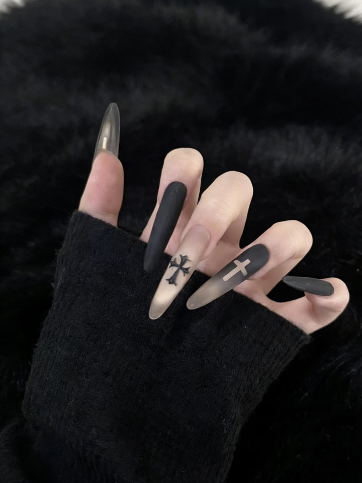 Artistic Press-On Nail Set with Gothic Cross Designs