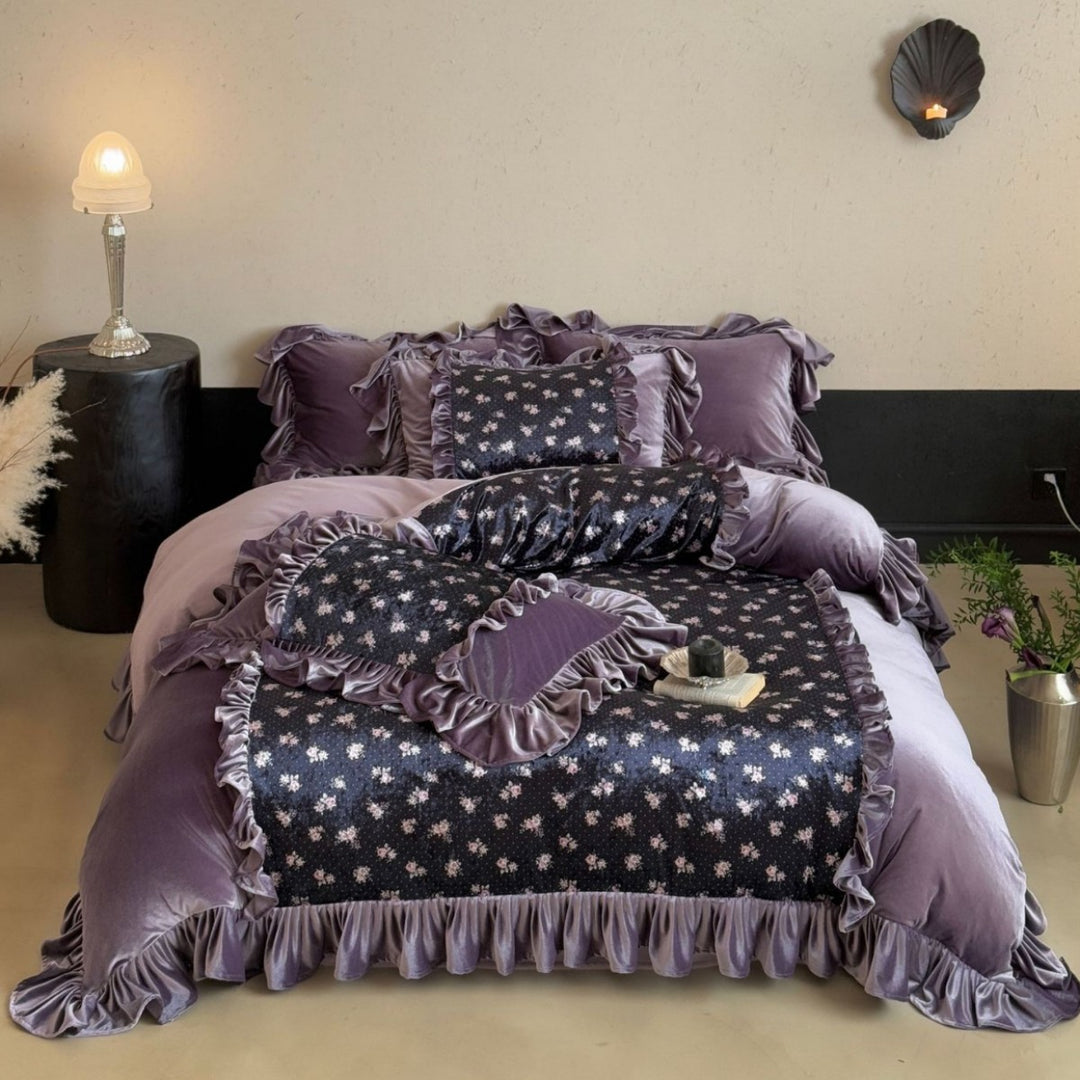 Ruffled Velvet Floral Quilted Duvet Cover Set