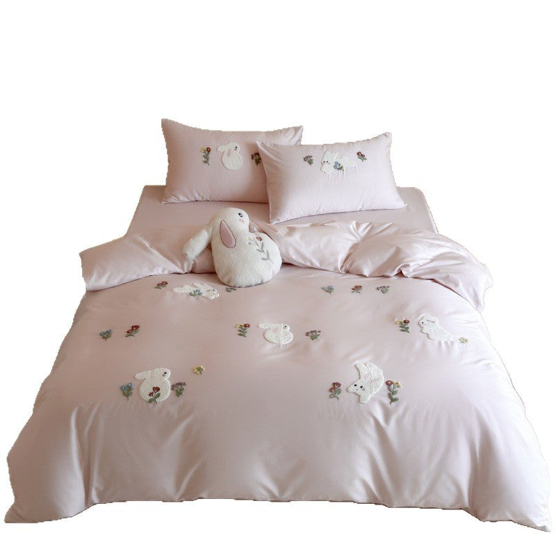 Embroidered Bunny Appliqué Satin-Feel Cotton Duvet Cover Set with Tufted Floral Accents