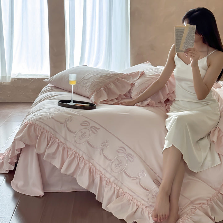 French-Inspired Embroidered Cotton Duvet Cover with Ruffled Hem and Pillow Shams