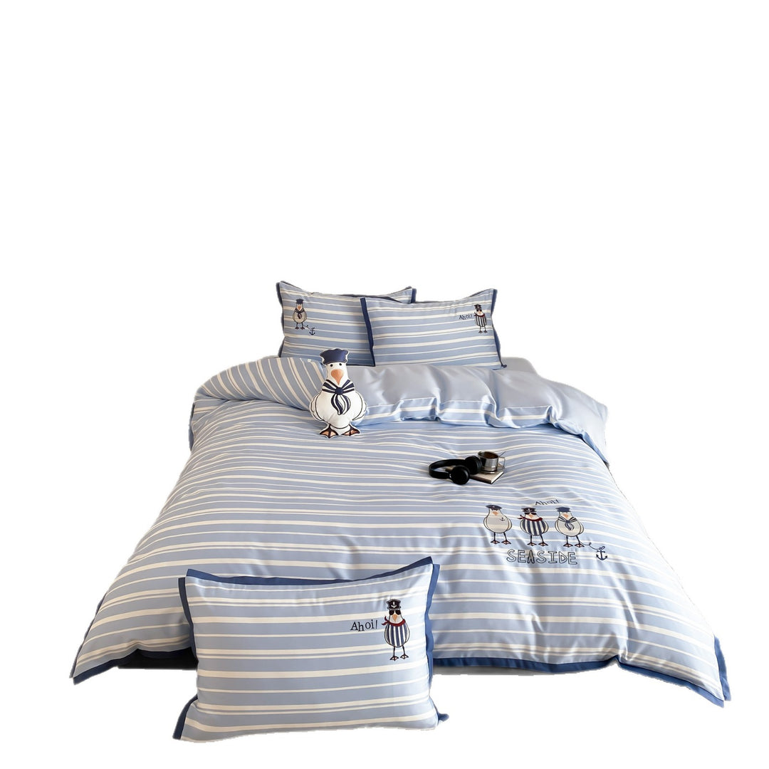 Striped bedding set with maritime seagull embroidery