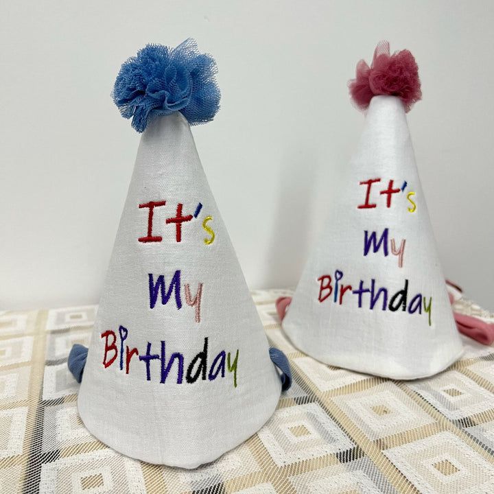 Children's Embroidered Cotton Birthday Cone Hat with Tulle Pom Pom and Adjustable Chin Ties