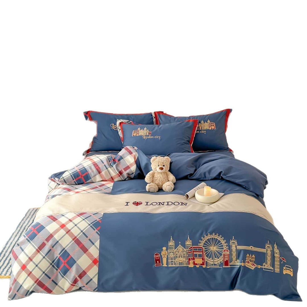 London Landmark Printed Cotton Duvet Cover Set with Plaid Border and Pillow Shams