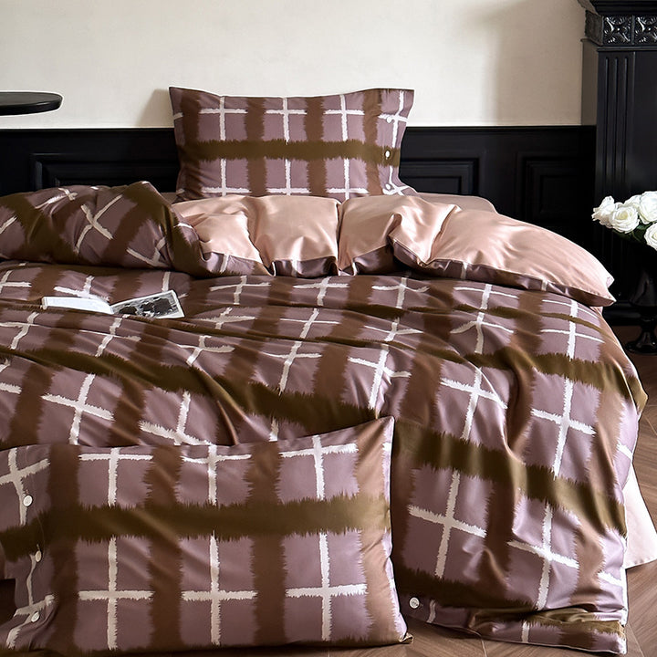 Luxurious satin bedding set with delicate rose patterns and button placket