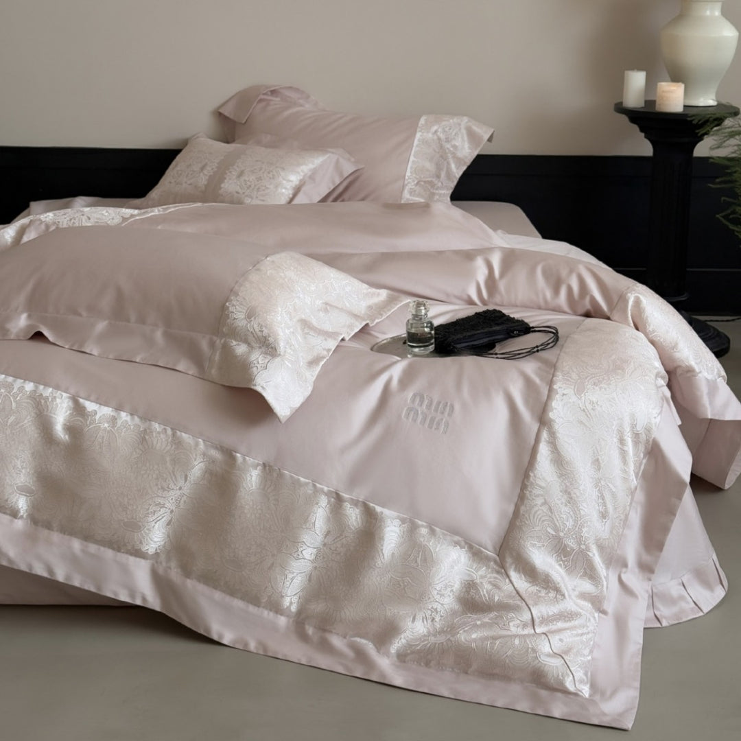 Satin Jacquard Damask Duvet Cover Set with Wide Decorative Border