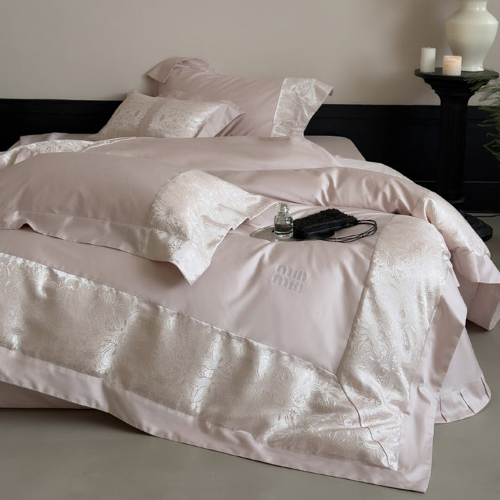 Satin Jacquard Damask Duvet Cover Set with Wide Decorative Border