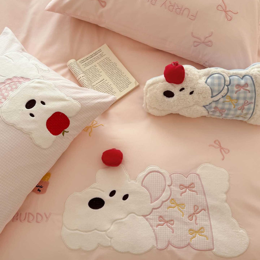 Embroidered Plush Bear Cotton Duvet Cover Set