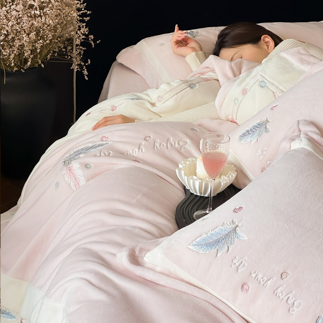 Plush Brushed Flannel Embroidered Feather Duvet Cover and Sham Set