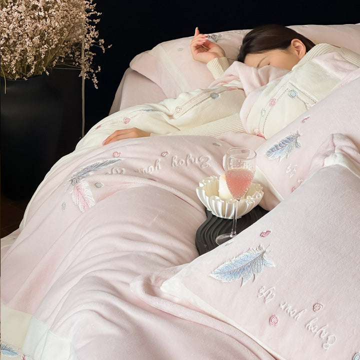 Plush Brushed Flannel Embroidered Feather Duvet Cover and Sham Set