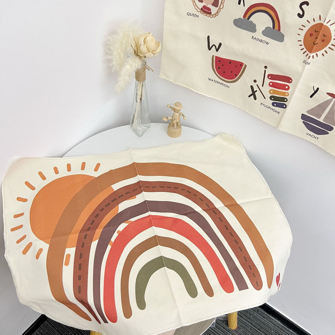Retro Boho Rainbow Cotton Wall Tapestry with Sun Motif