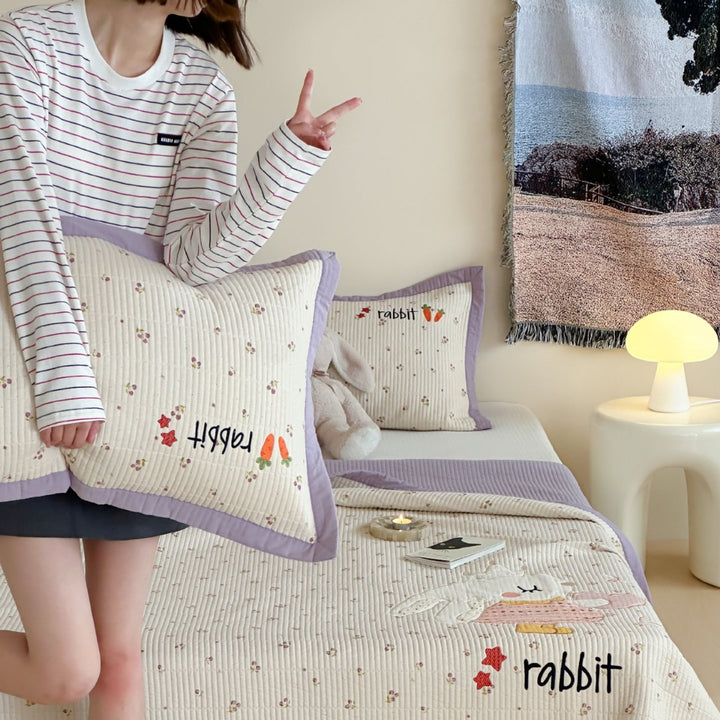 Quilted Cotton Bedspread and Pillow Sham Set with Embroidered Rabbit and Carrot Appliqué