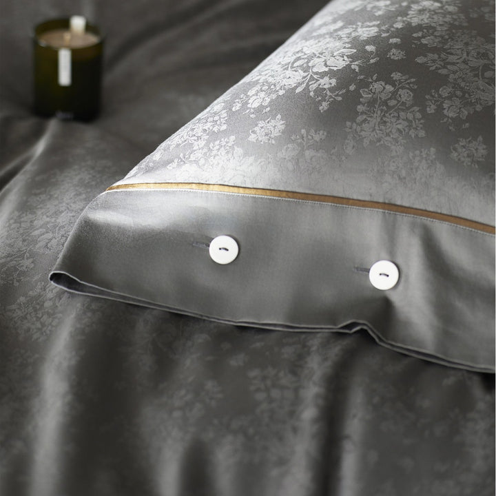Satin-Jacquard Floral Duvet Cover Set with Button Closure & Gold Piping