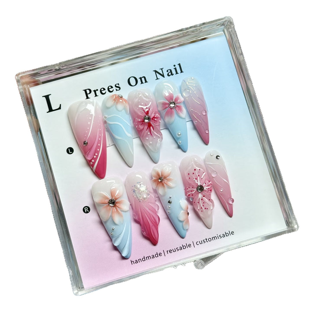 Decorative Press-On Nail Art Set with Floral and Gem Accents  1791774855