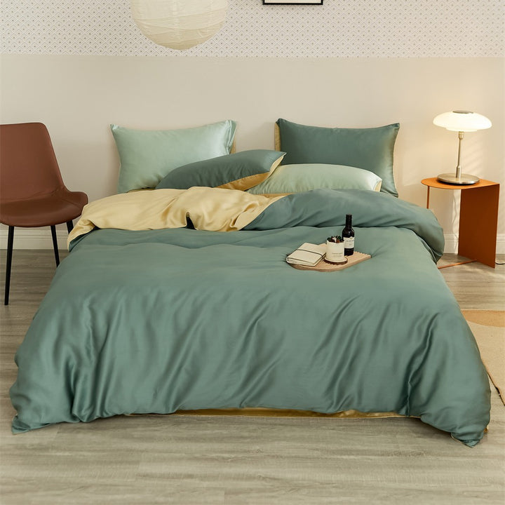 Reversible satin bedding set with a silky glossy feel and skin-friendly cotton blend
