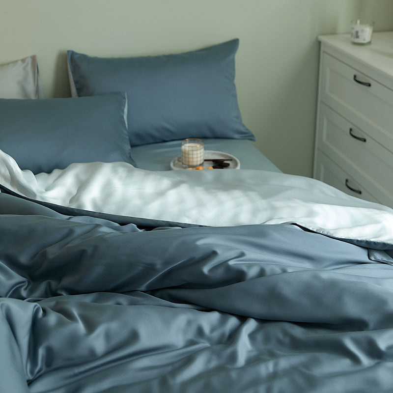 Fine-structured satin bedding set with temperature-regulating fiber and concealed zipper