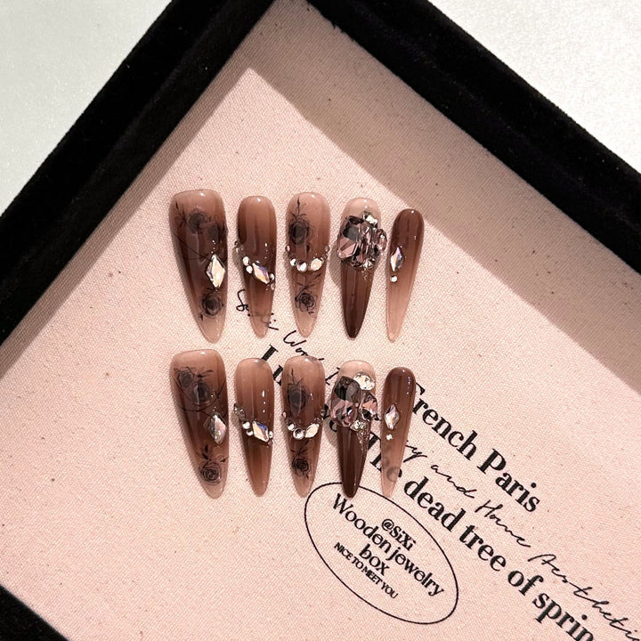 Artistic Press-On Nail Set with Floral Accents