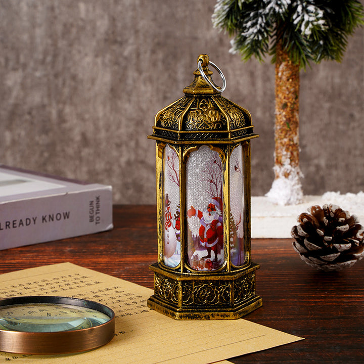 Vintage Moroccan-Style LED Snow Lantern with Rotating Christmas Scene