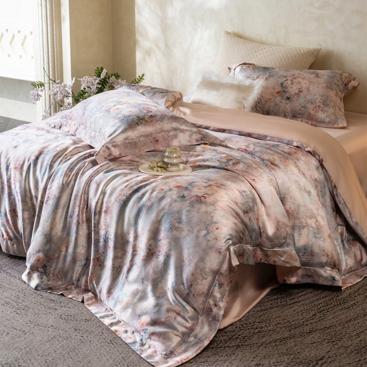 Botanical Watercolor Satin-Feel Duvet Cover Set with Piped Hem & Envelope Shams