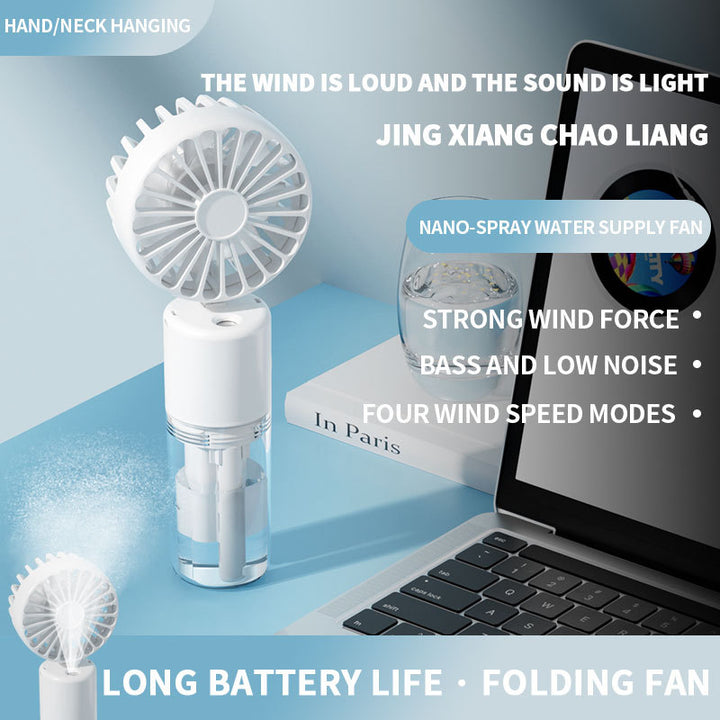 Cooling compact rechargeable folding misting handheld fan with transparent water reservoir detachable base and four speed brushless motor Stornfield