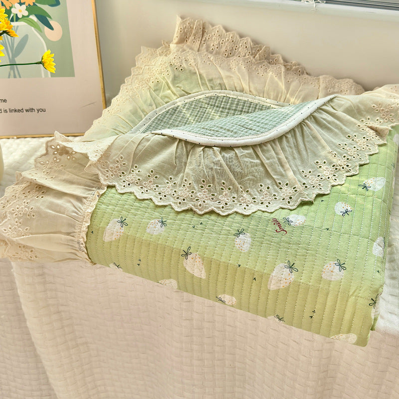 Quilted Floral Reversible Throw Blanket with Eyelet Lace Ruffle