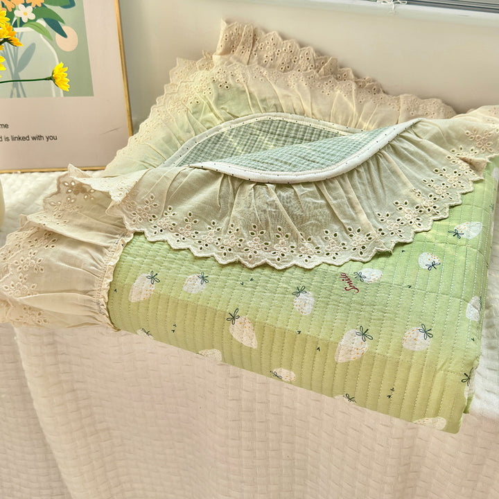 Quilted Floral Reversible Throw Blanket with Eyelet Lace Ruffle
