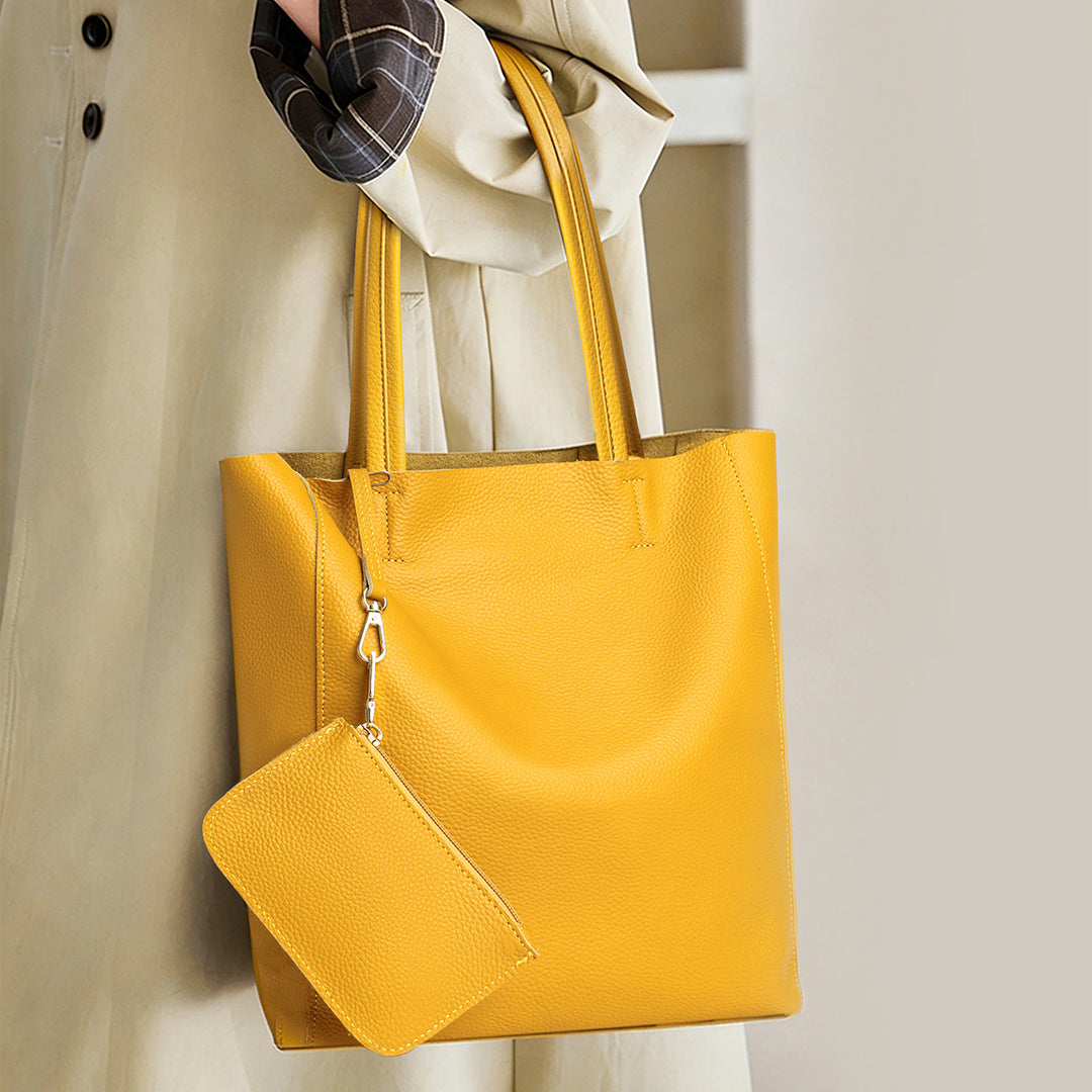 Minimalist Open-Top Tall Pebbled Leather Tote with Detachable Pouch
