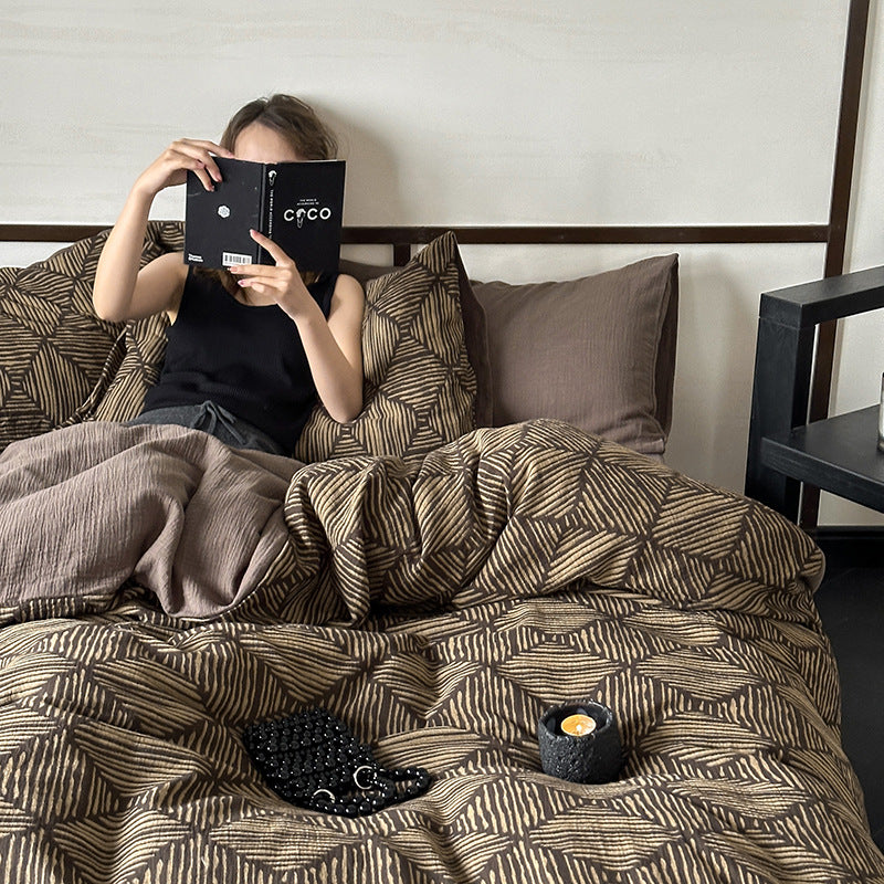 Quilted Reversible Cotton Bed Linen Set with Geometric Block Print