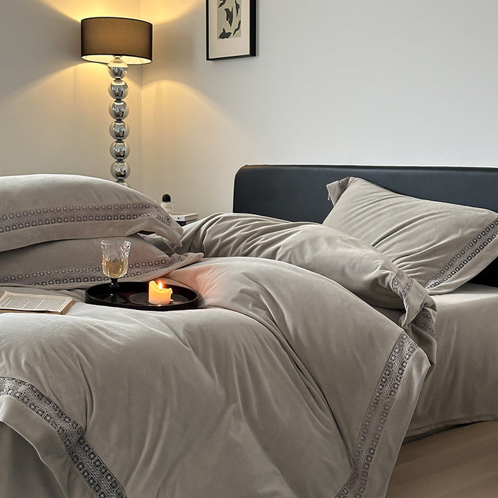 Luxury Brushed Velvet Duvet Cover Set with Lace-Inset Border