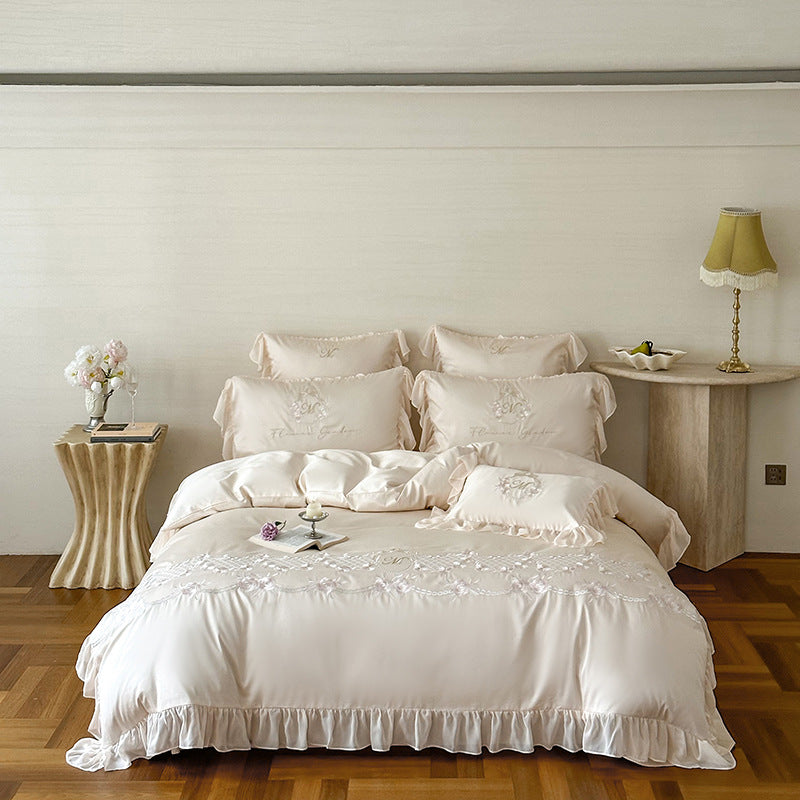 Luxury Embroidered Ruffled Satin Duvet Cover Set