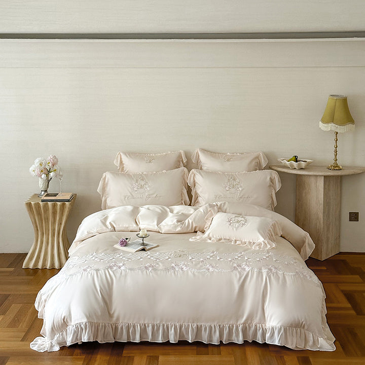 Luxury Embroidered Ruffled Satin Duvet Cover Set