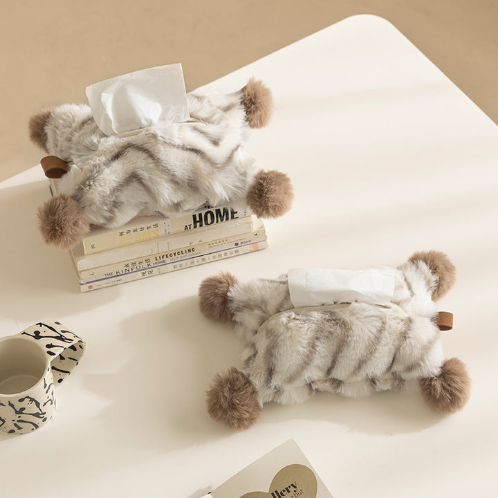 Decorative faux fur tissue box cover with pom poms and hanging handle Stornfield