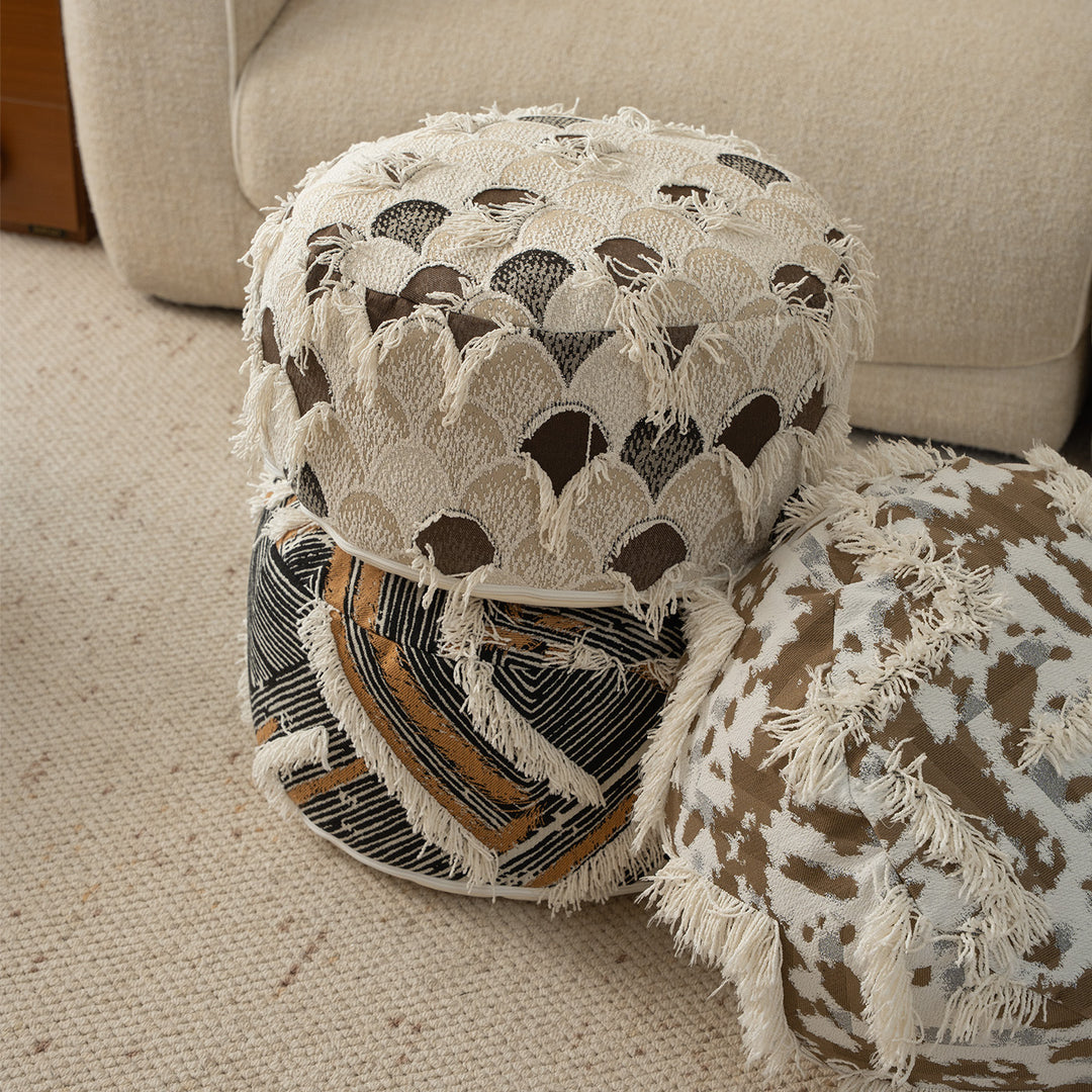 Round Boho Seat Pouf with Hand-Tufted Structure and Decorative Fringes Stornfield