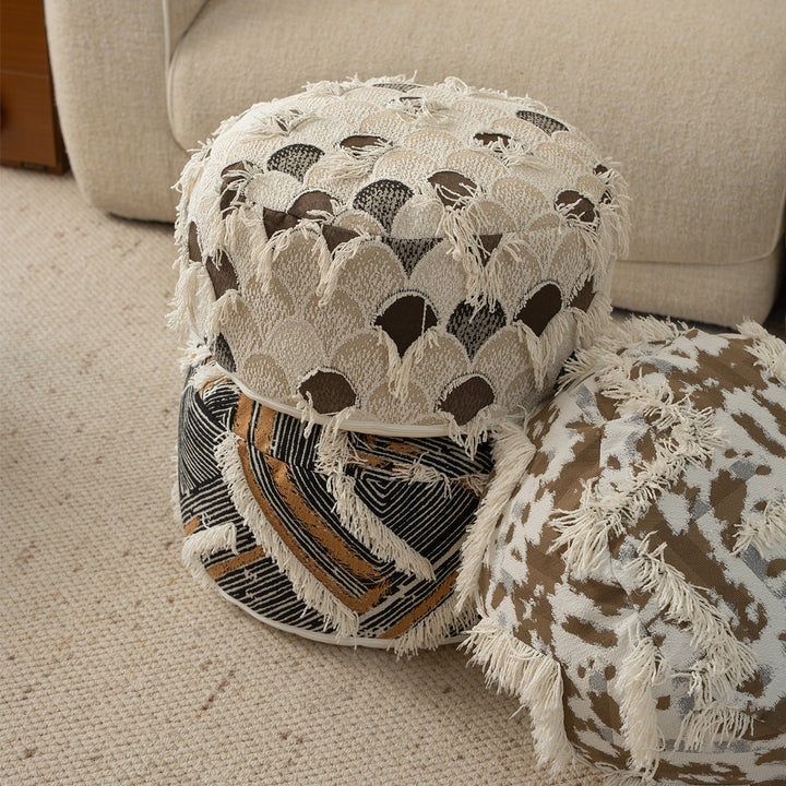 Round Boho Seat Pouf with Hand-Tufted Structure and Decorative Fringes Stornfield