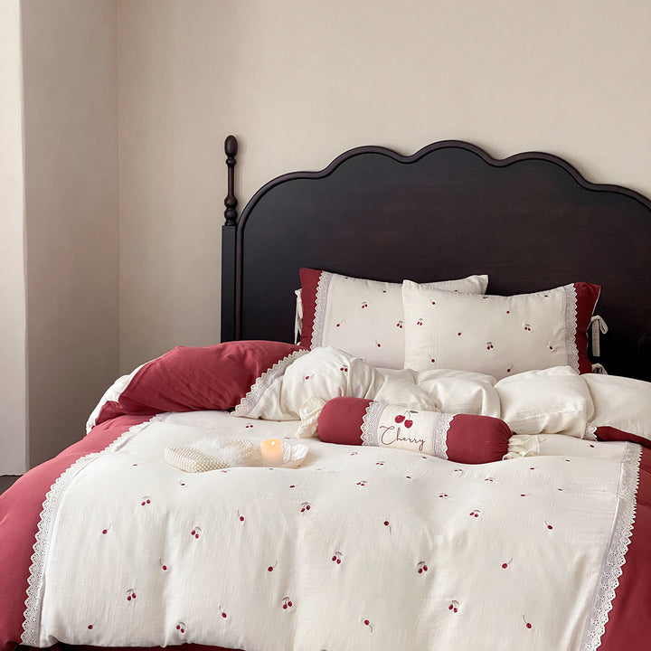 Embroidered Cherry Cotton-Linen Duvet Cover Set with Lace-Trim Shams