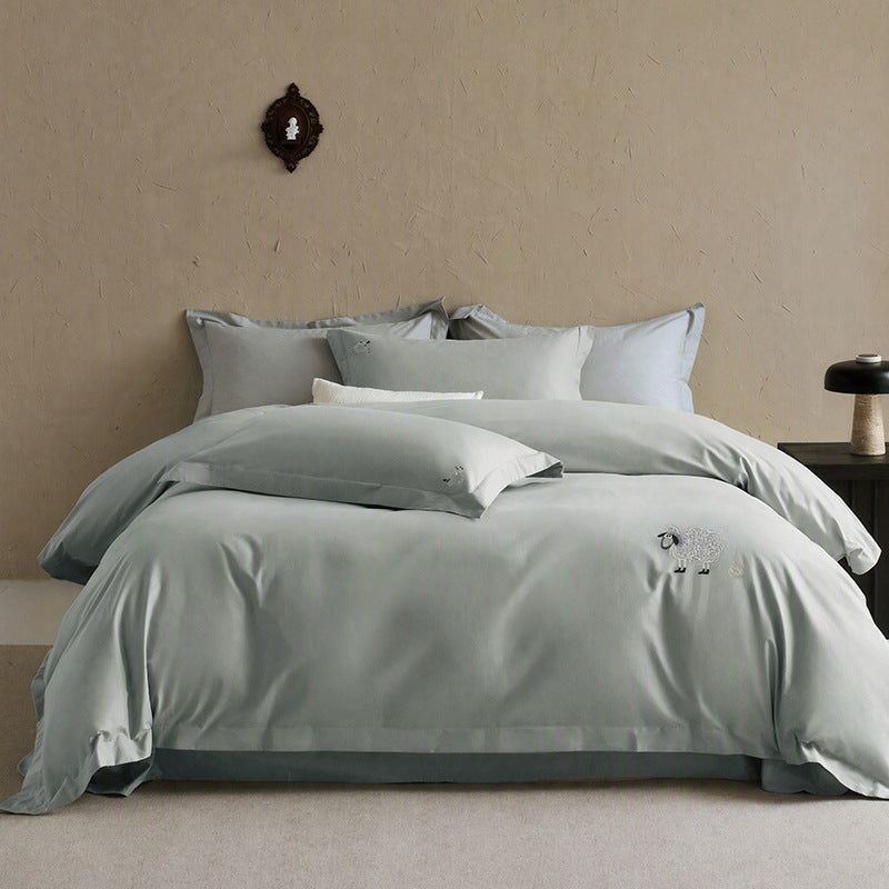 Minimalist Embroidered Lamb Cotton Sateen Duvet Cover Ensemble
