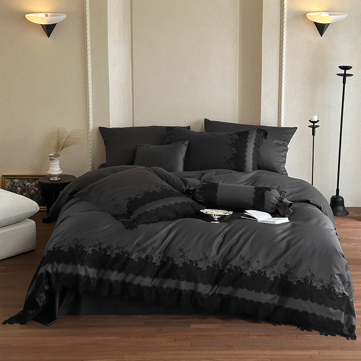Shiny satin bedding set with fine lace application and floral relief embroidery