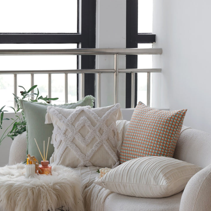 Square cushion cover in boho style with 3D tufting, tassels and soft cotton texture Stornfield