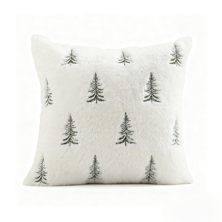 Embroidered Faux Fur Evergreen Decorative Throw Pillow Cover