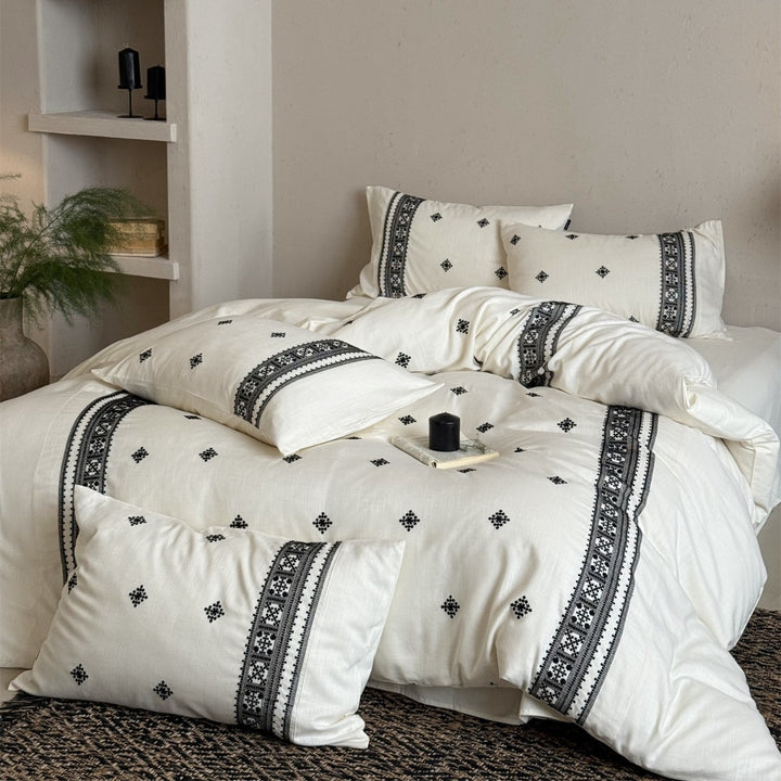 Hand-Embroidered Bohemian Cotton-Linen Duvet Cover Set with Decorative Border and Envelope Shams