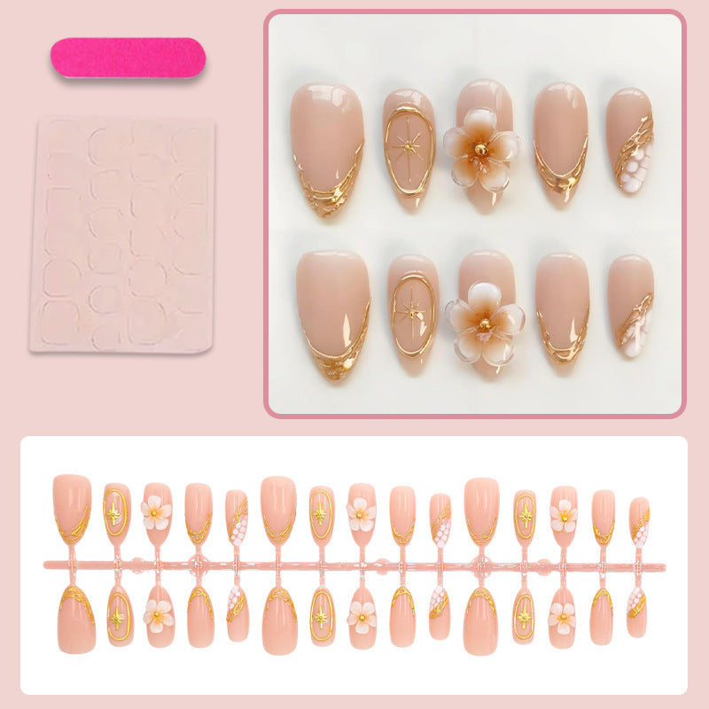 Artificial nail set with elegant flower and gold decorations Stornfield