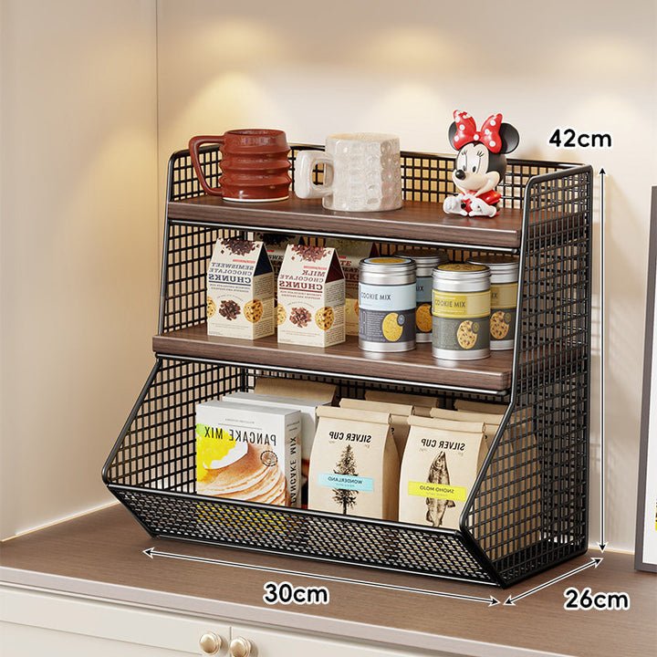 Compact Mesh Countertop Pantry Organizer with Two Wooden Shelves and Deep Front Basket