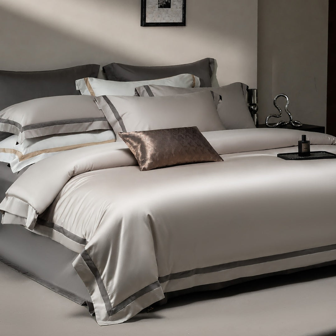 Luxury Two-Tone Cotton Sateen Duvet Cover Set with Double-Trim Border and Euro Shams