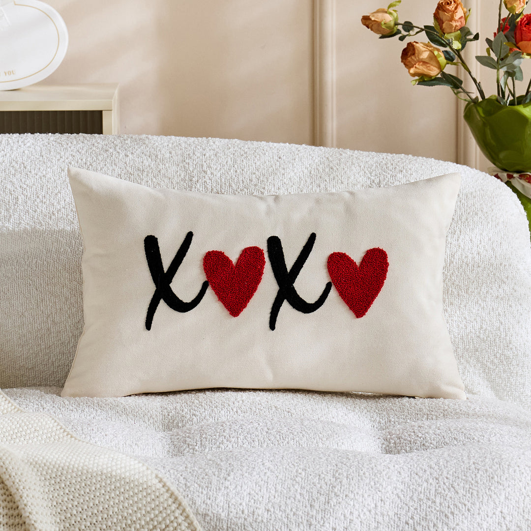 Embroidered Script Love Lumbar Pillow Cover with Tufted Heart