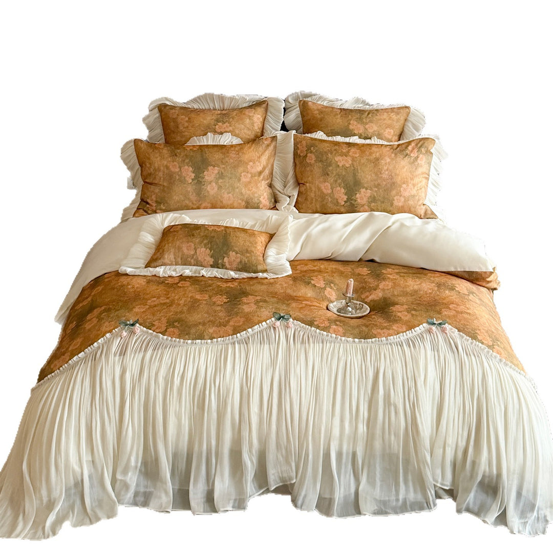Vintage Floral Ruffled Duvet Cover and Pillowcase Set