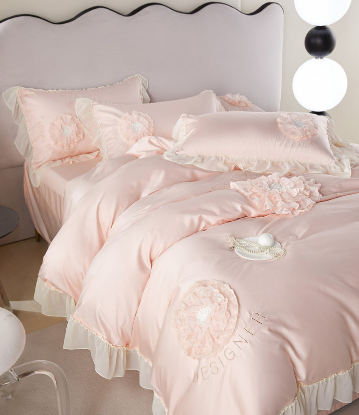 Romantic Ruffled Floral Applique Satin-Feel Duvet Cover Set