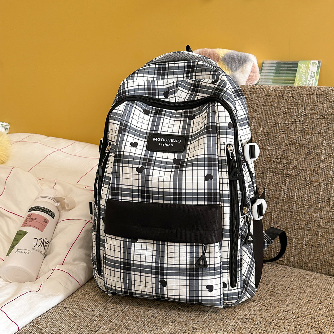 Stylish Checked Backpack with Heart Accents Stornfield