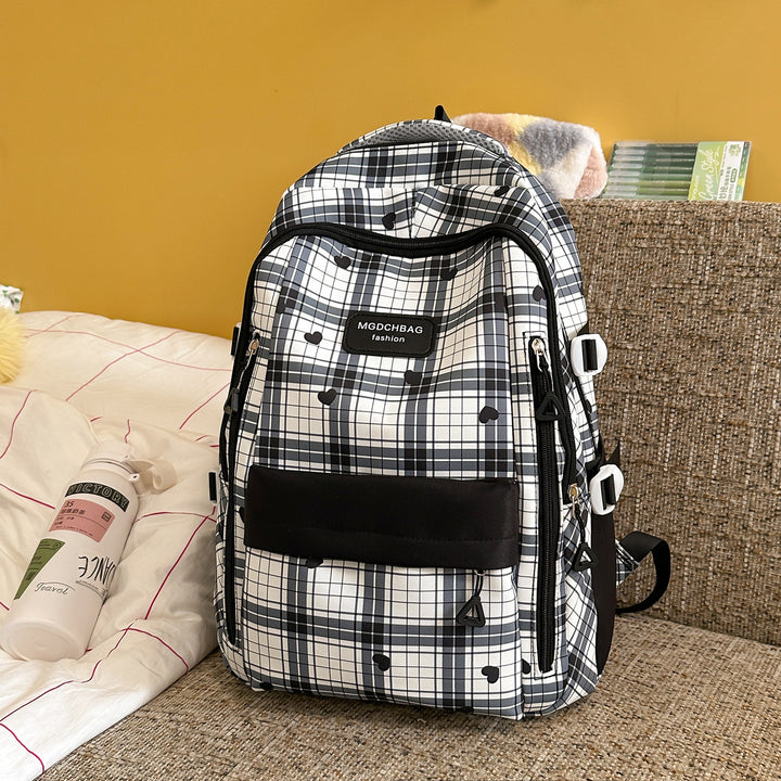 Stylish Checked Backpack with Heart Accents Stornfield