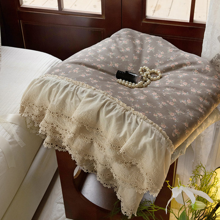 Floral Quilted Throw Blanket with Lace Ruffle Trim