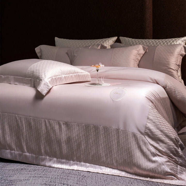 Silk-Feel Jacquard Sateen Duvet Cover Set with Embroidered Crest & Bed Skirt