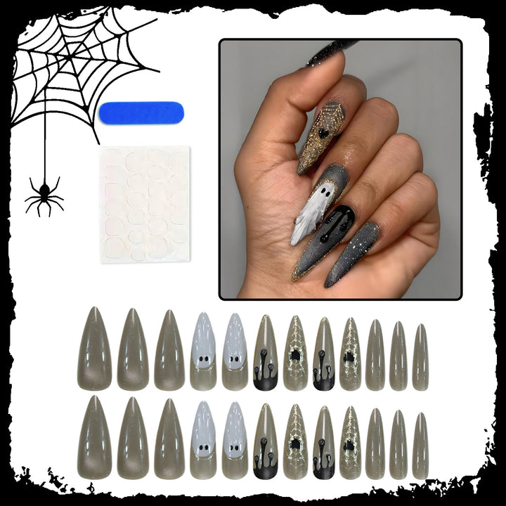 Halloween Art Nail Set with Elegant Ghost and Spider Motifs Stornfield